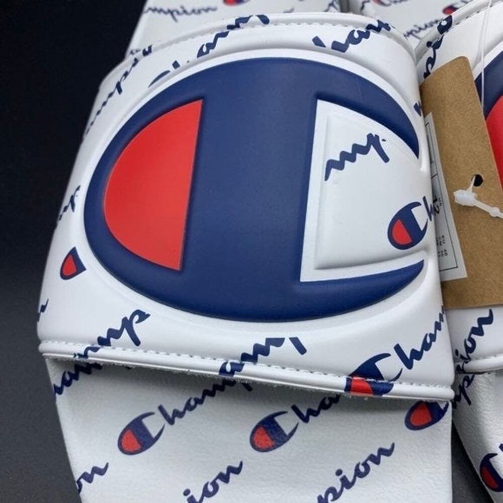 NEW Champion IPO Repeat Men's Slides Sz 11 White Logo Script Red Blue CM100080M - Picture 2 of 8